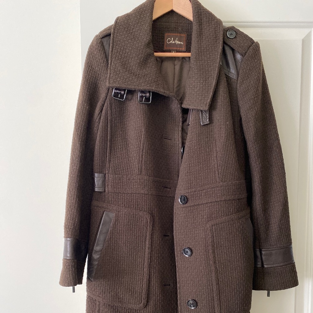 Cole Haan wool and leather trim coat